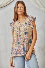Patchwork Print Aztec Emb. Flutter Top Denim + Taupe