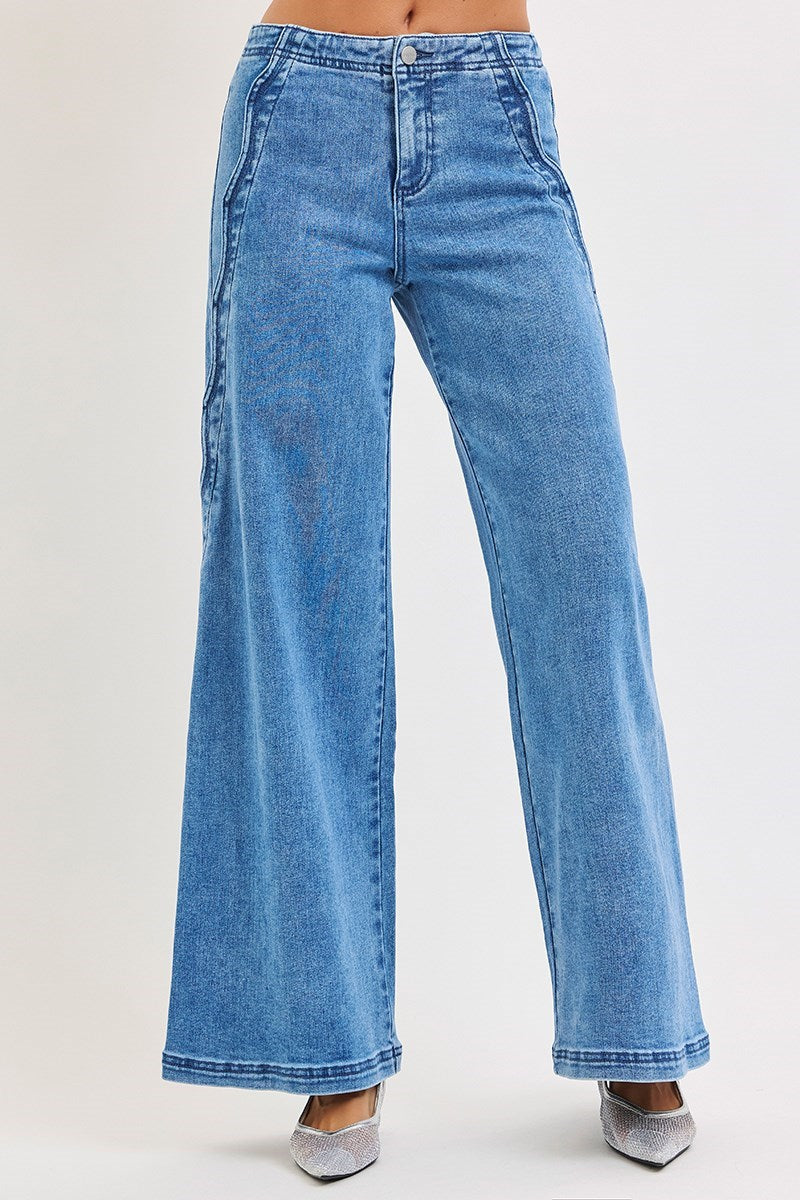 High Rise Wide Leg With Scalloped Edge Detail Solid Medium