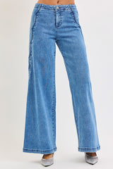 High Rise Wide Leg With Scalloped Edge Detail Solid Medium