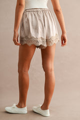 Floral Lace Trim Drawstring Satin Shorts Taupe