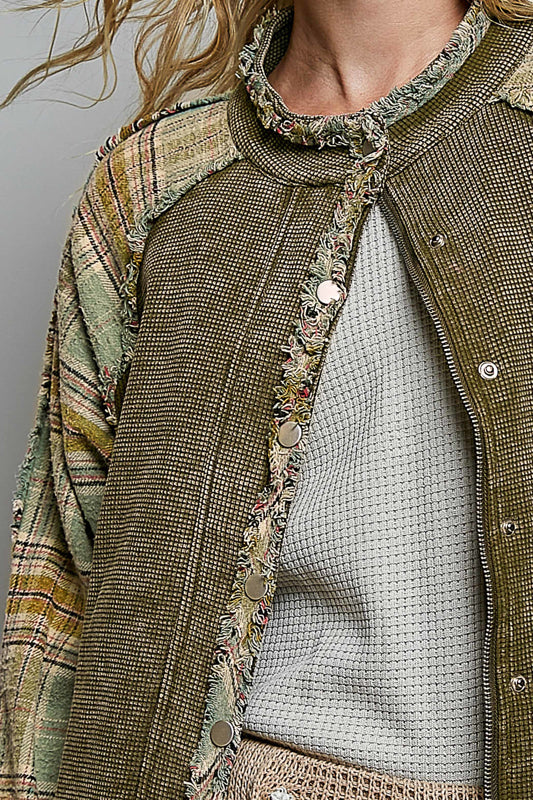 Thermal Plaid Sleeve Frayed Seams Jacket Olive