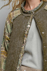 Thermal Plaid Sleeve Frayed Seams Jacket Olive