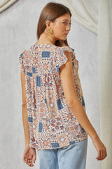 Patchwork Print Aztec Emb. Flutter Top Denim + Taupe