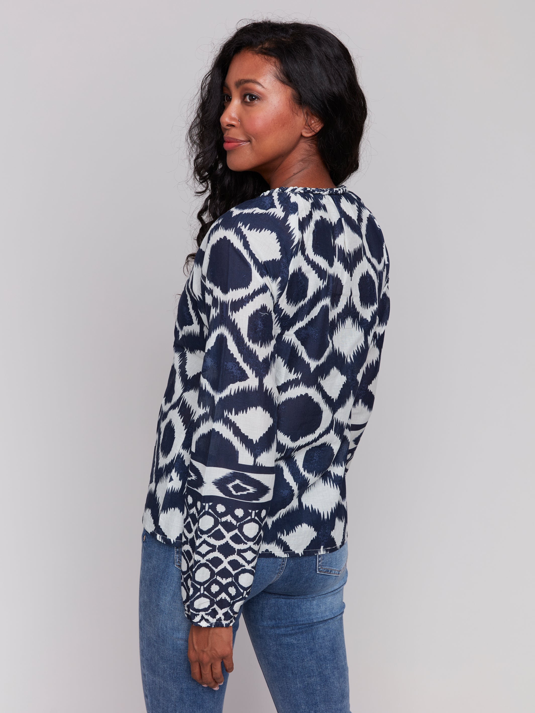 Printed Raglan Sleeve Popover Blouse Navy