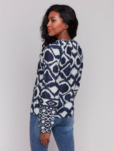 Printed Raglan Sleeve Popover Blouse Navy