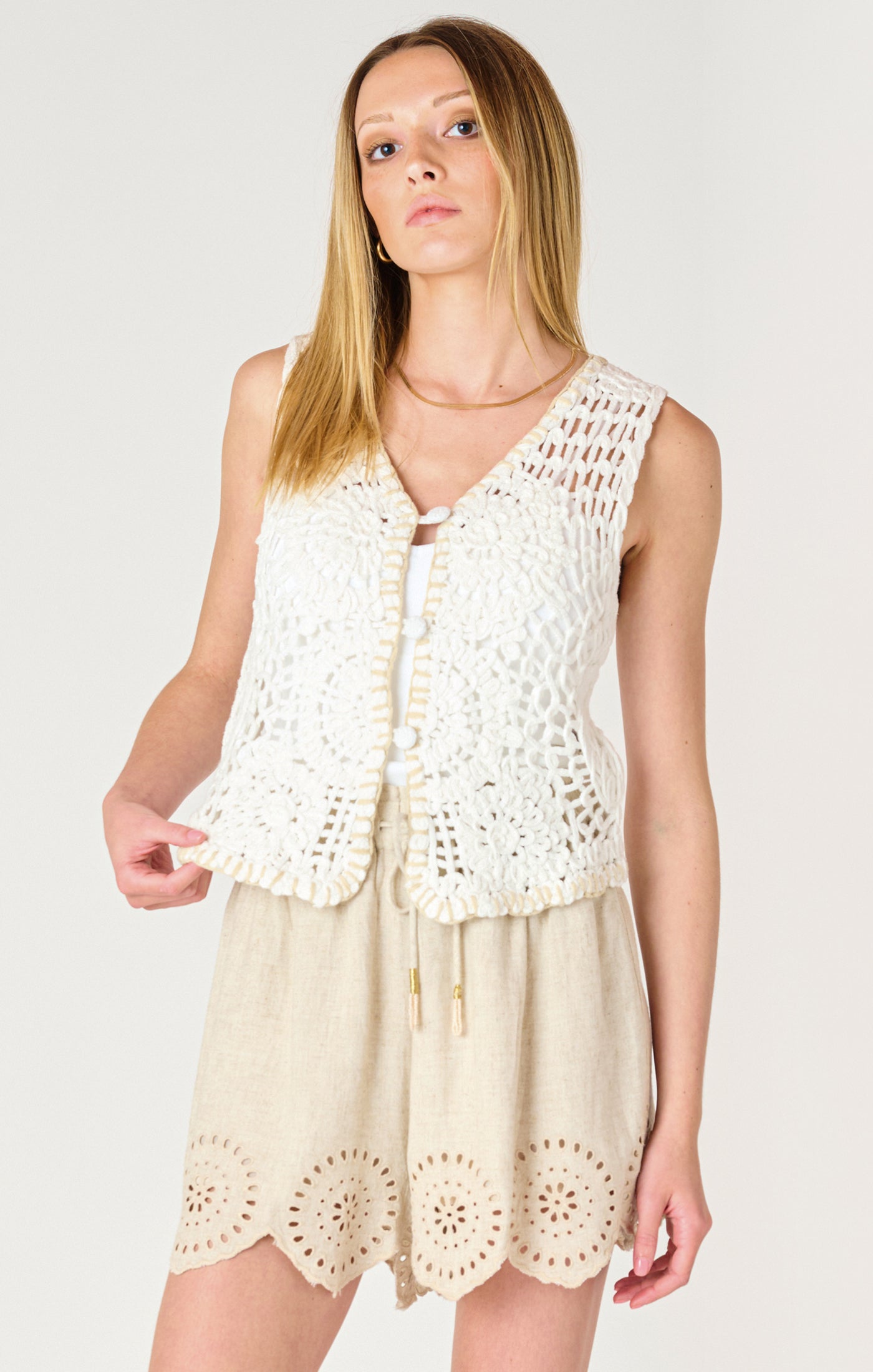 Button Front Crochet Vest Off White + Beige