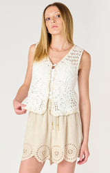 Button Front Crochet Vest Off White + Beige