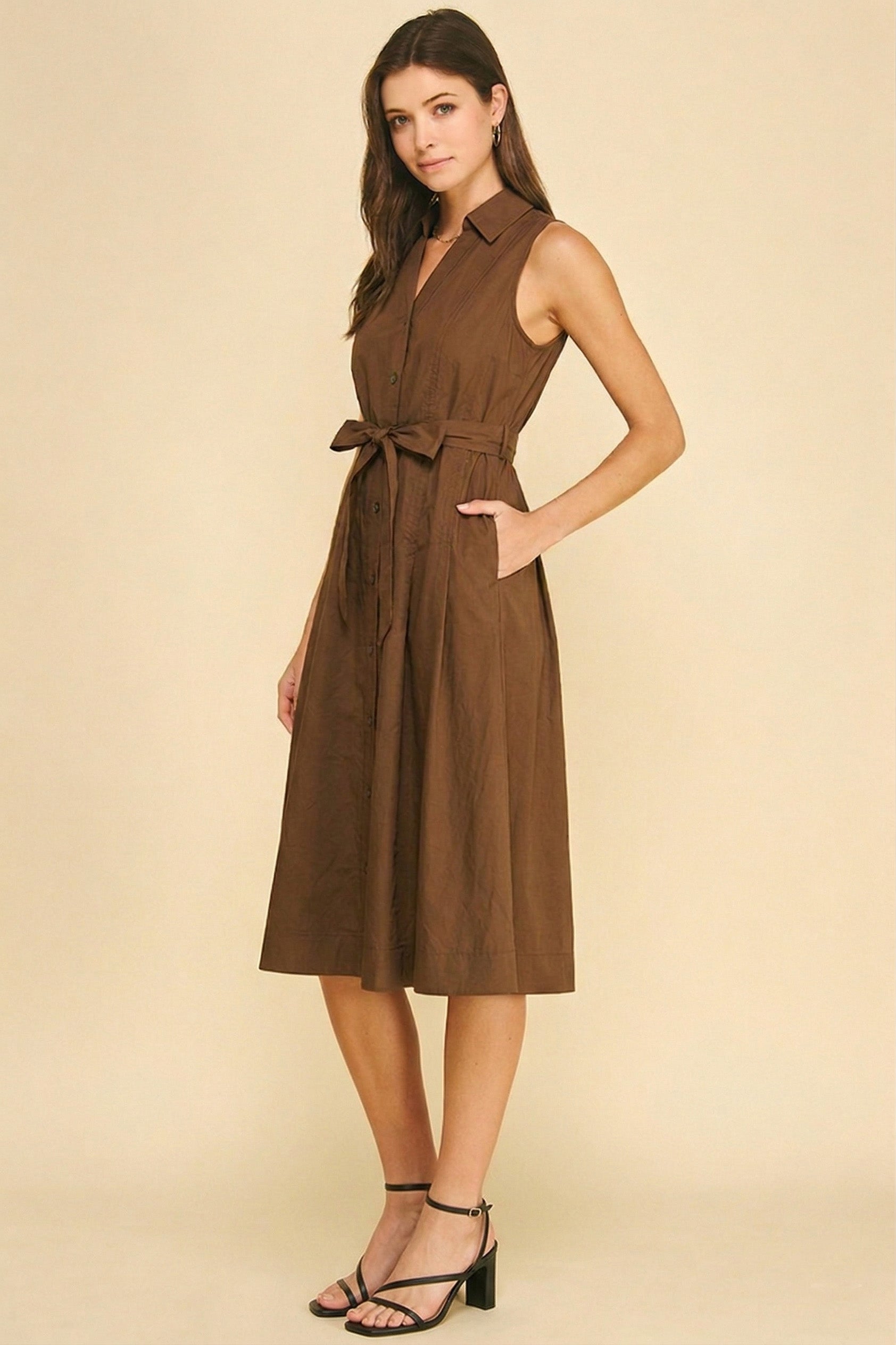 Sleeveless A Line Shirt Dress Mocha