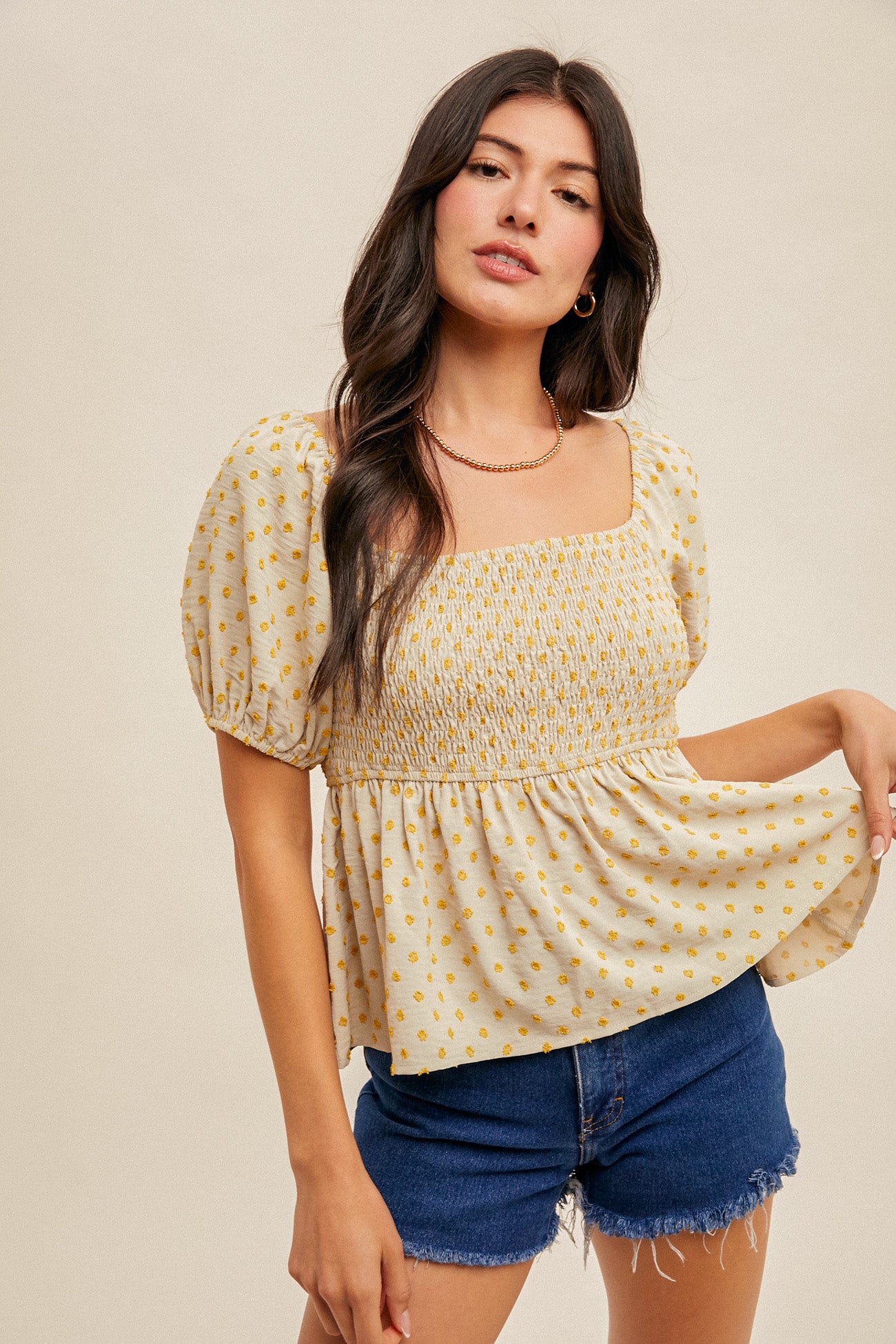 Smocked Bust Swiss Dot Bubble Sleeve Top Oyster
