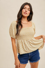 Smocked Bust Swiss Dot Bubble Sleeve Top Oyster