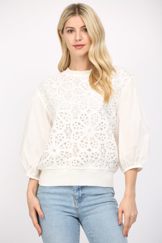 Mixed Media Round Neck Sweater Off White