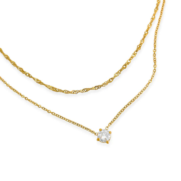 Water Resistant 18k Gold Delicate Double Layered Stone Stud Necklace