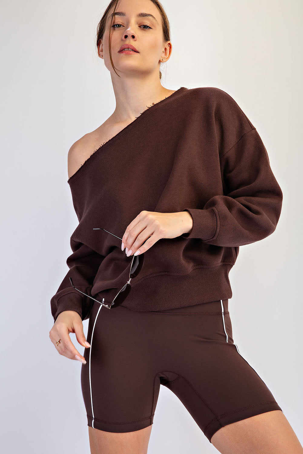 Raw Edge Off Shoulder Sweatshirt Espresso
