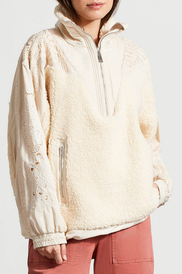 Half Zip Mix Media Eyelet Sherpa Pullover Moonstone