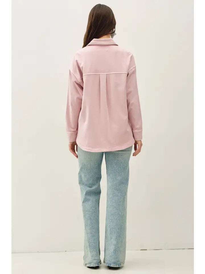 Knit Denim Wash Oversize Shacket Dusty Pink