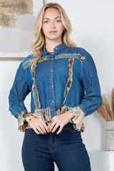 Western Boho Patch Pocket Crop Denim Jacket Denim