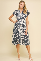 Abstract Print Tie Waist Midi Dress Navy + Ivory