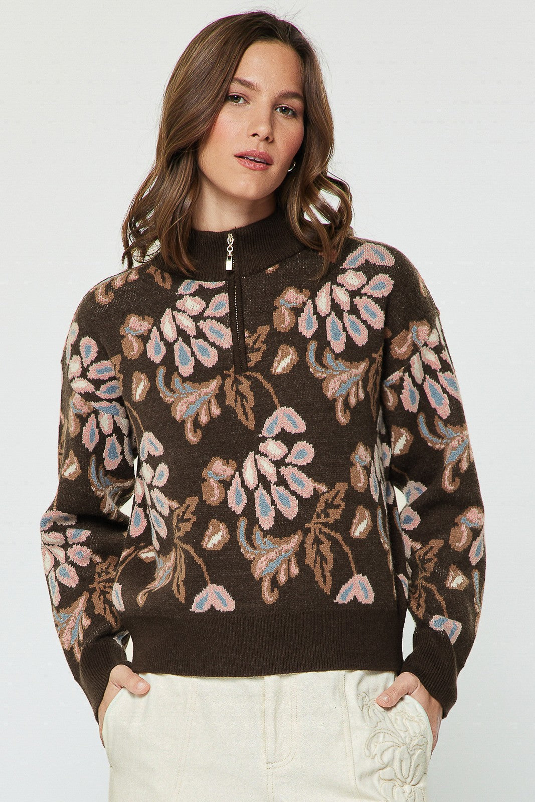3/4 Zip Floral Jacquard Sweater Chocolate