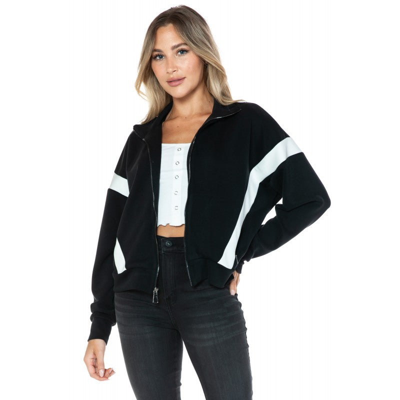 Contrast Panel Stripe Scuba Bomber Jacket Black + Ivory