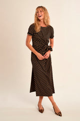 Stripe Side Tie Midi Dress Beige + Black