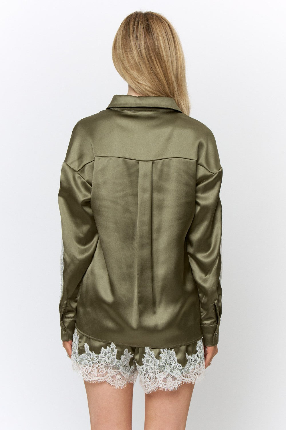 Scallop Edge Lace Trim Button Down Shirt & Shorts Olive