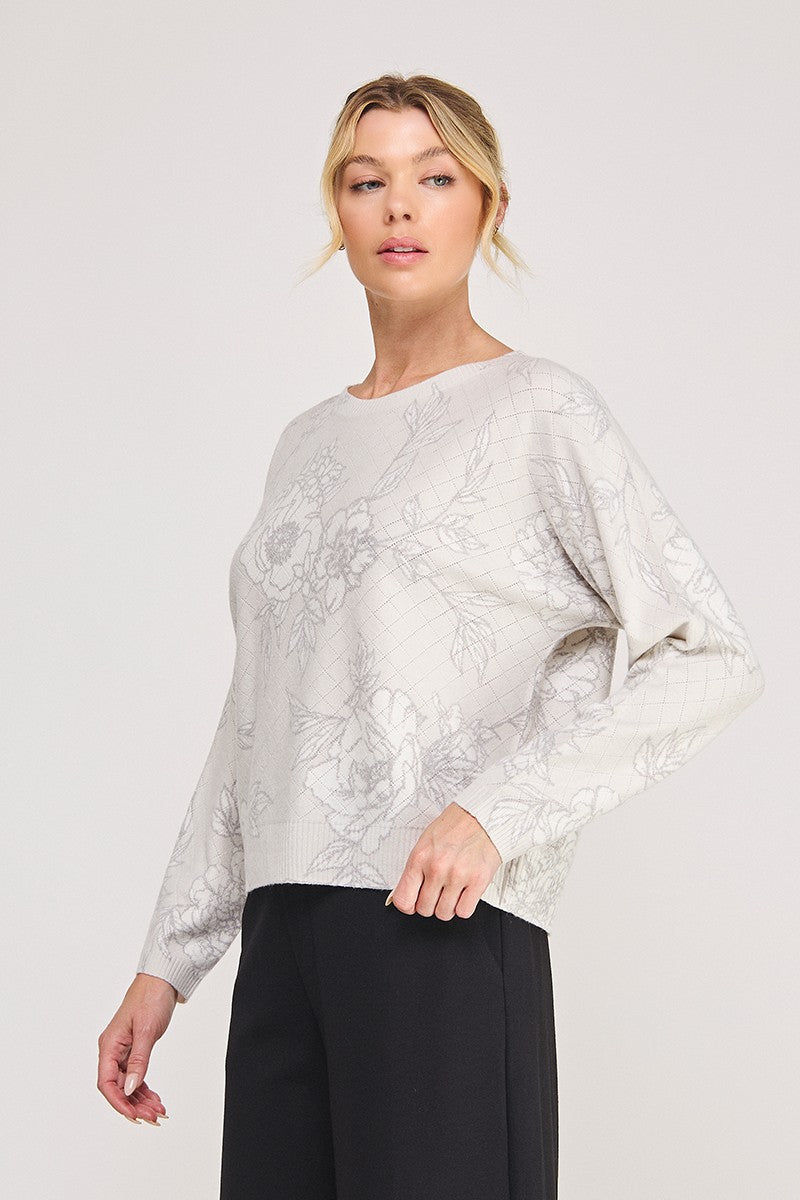 Diamond Pointelle Floral Print Sweater Sandshell