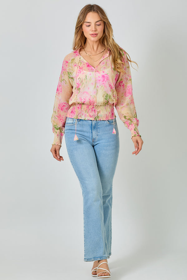 Floral Tie Neck Smocked Bottom Peasant Chiffon Blouse