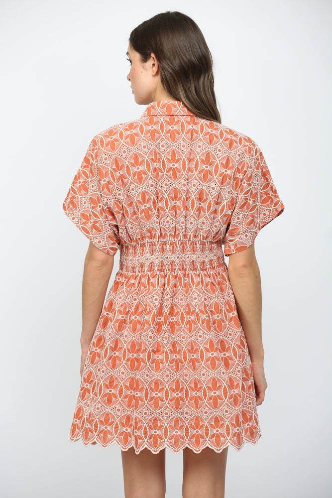Embroidered Scallop Hem Button Down Mini Dress Clay