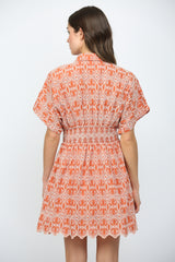 Embroidered Scallop Hem Button Down Mini Dress Clay