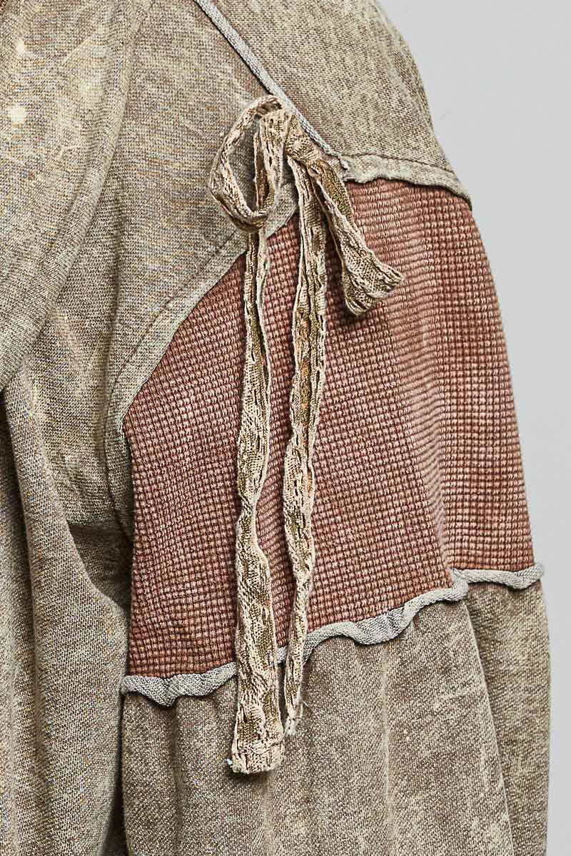 Washed Mixed Panel Tie Details Jacket Dusty Chocolate