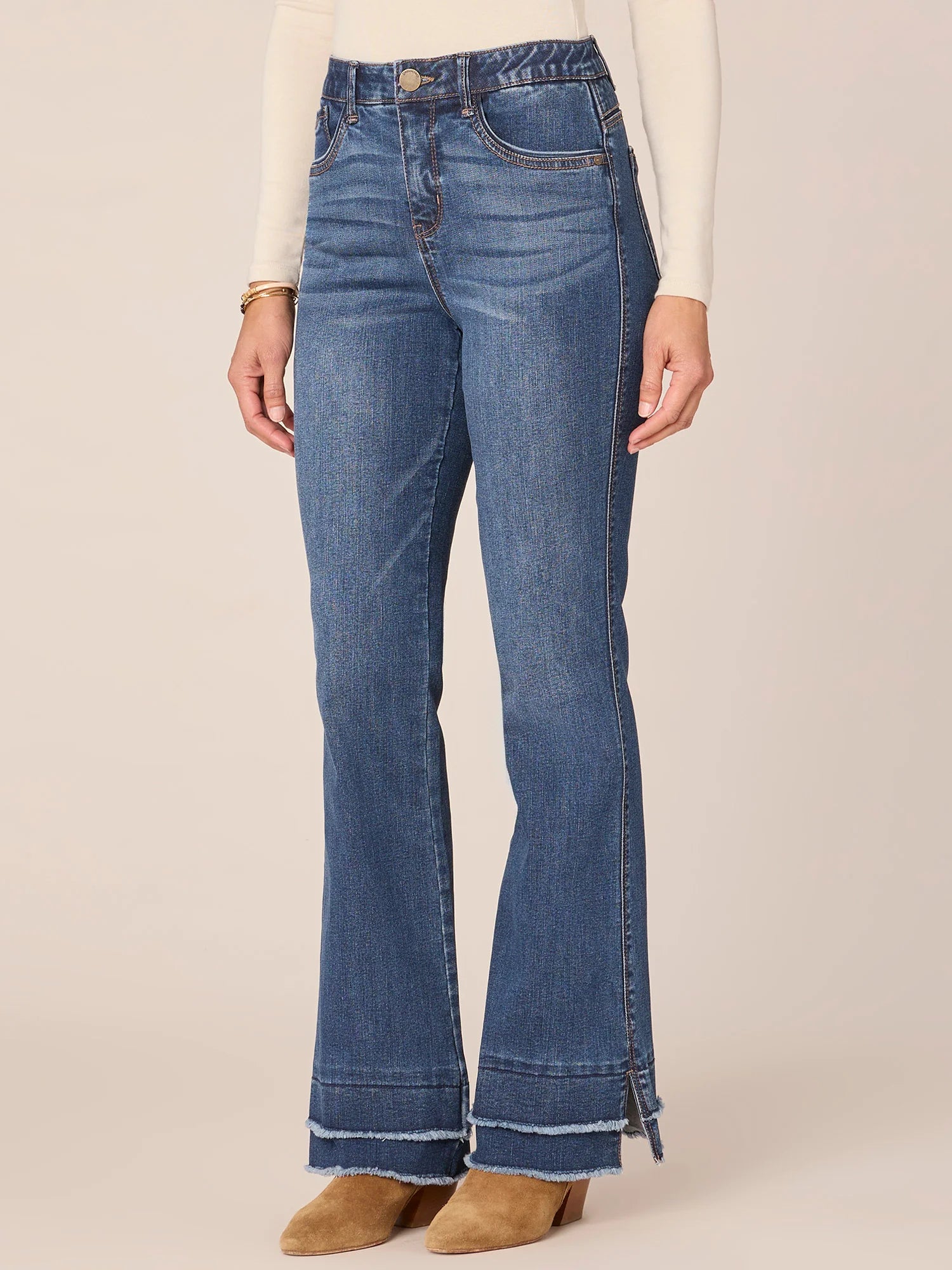 High Rise Bootcut Double Layer Fray Hem Jeans Blue