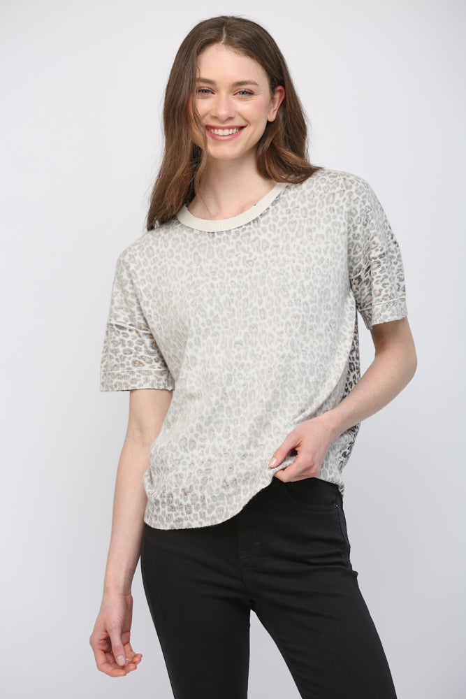 Washed Print Crew Neck Short Sleeve Sweater Cream Multi