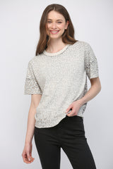 Washed Print Crew Neck Short Sleeve Sweater Cream Multi
