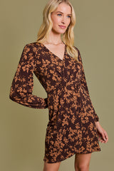 Shirred Floral Long Sleeve Surplice Dress Brown Floral