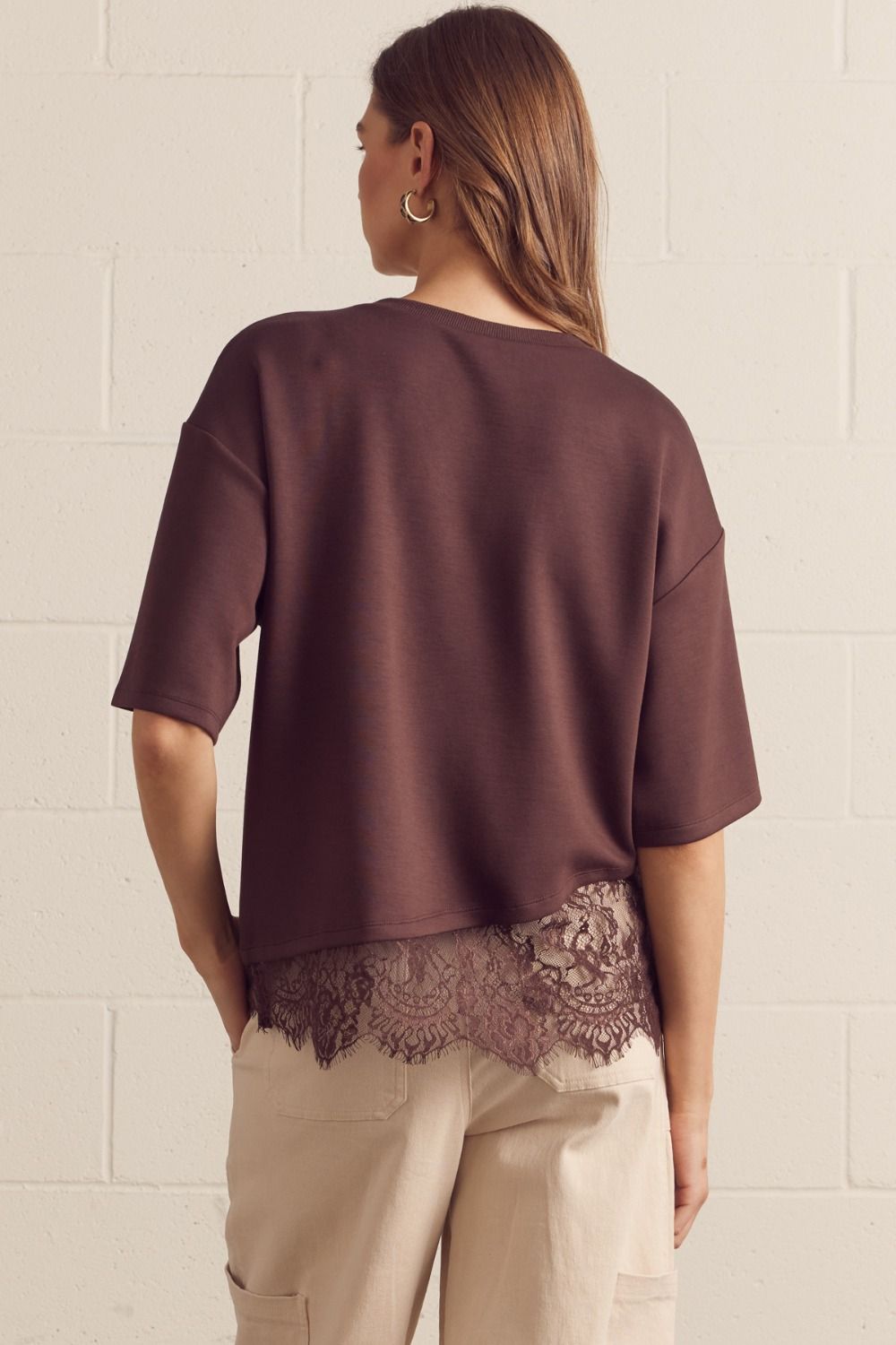 Asymmetric Lace Hem Boxy Short Sleeve Top Brown