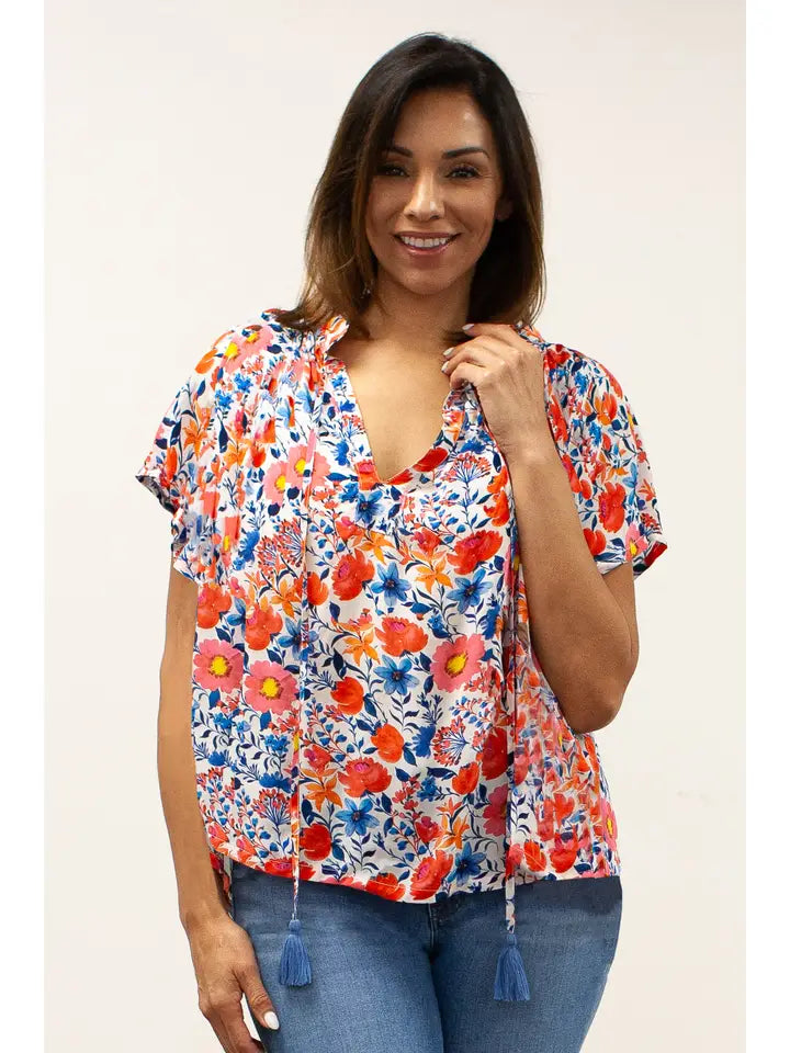 Iva Floral Flutter Tassel Tie Blouse Multi