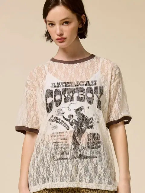 American Cowboy Western Sheer Lace Tee Cream