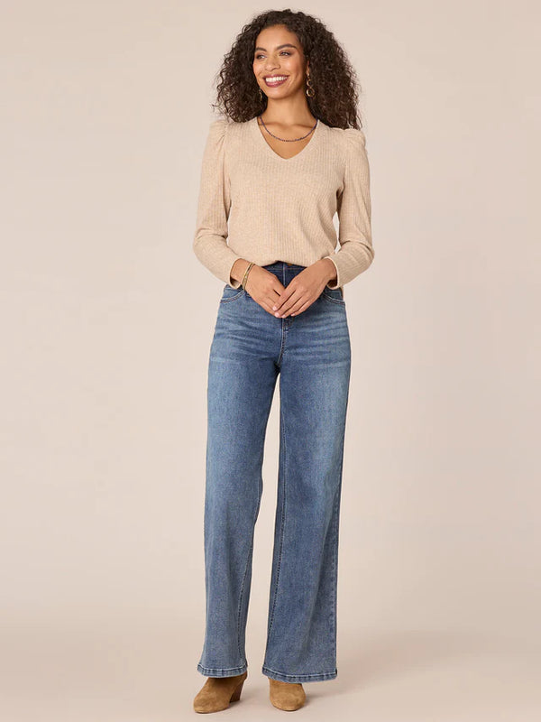 Puff Shoulder Long Sleeve Shirtail Hem Top Heather Oatmeal