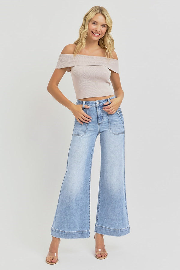High Rise Ankle Wide Leg Tabbed Patch Pocket Jeans Light