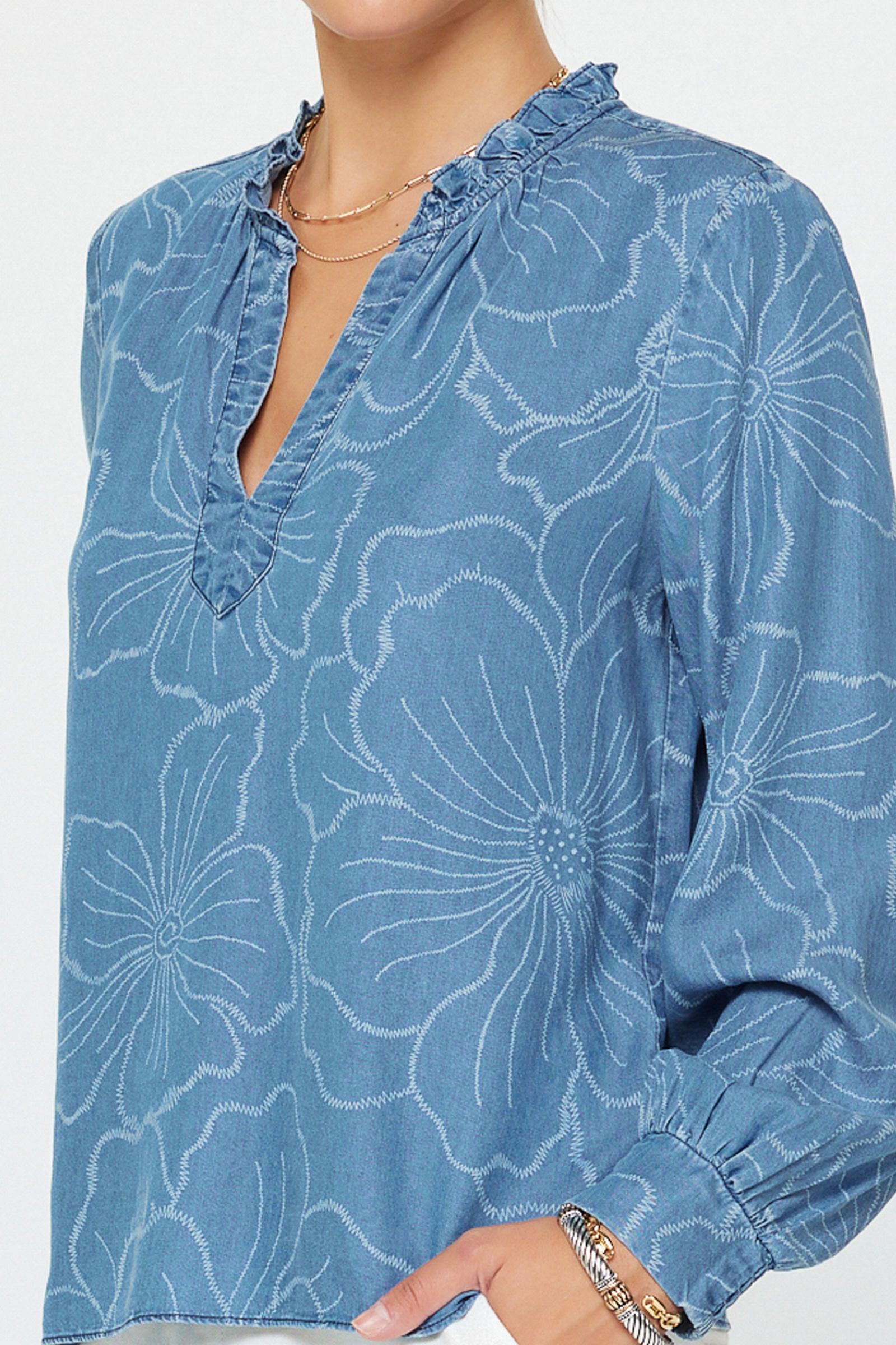 Floral Printed Chambray Ruffle Neck Blouse Floral Chambray