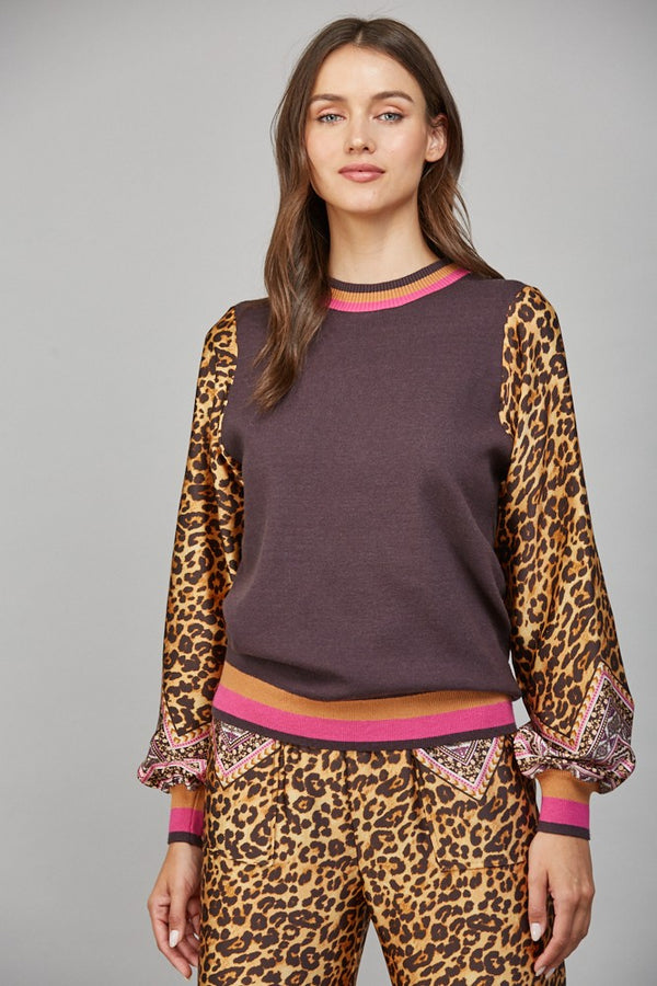 Animal Print Crew Sweater Brown Multi