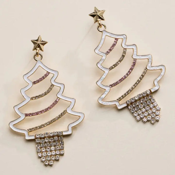Crystal Christmas Tree Drop Earrings - White