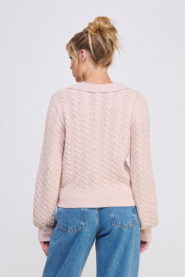 Soft Cable Knit Johnny Collar Pullover Sweater Pale Pink