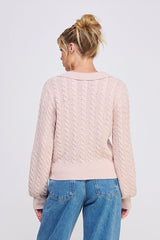 Soft Cable Knit Johnny Collar Pullover Sweater Pale Pink