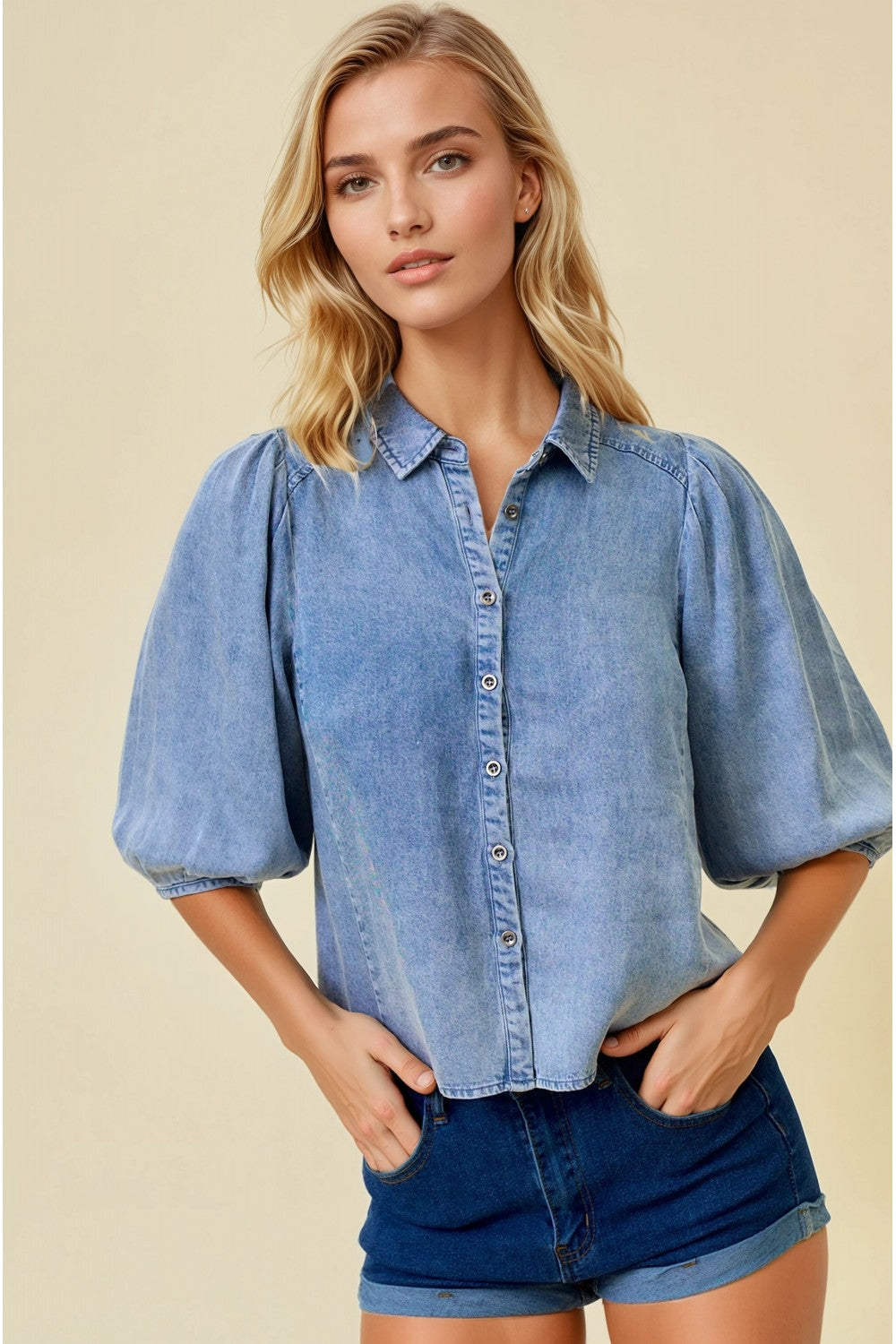 Chambray Pleat Detail Puff Sleeve Button Down Shirt Light Denim