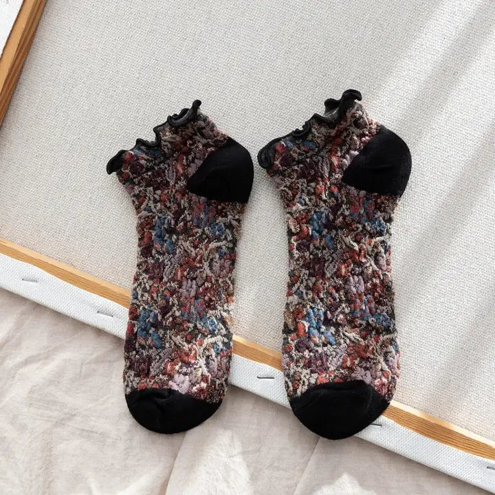 Summer Floral Print Lace Trim Low Cut Socks Black
