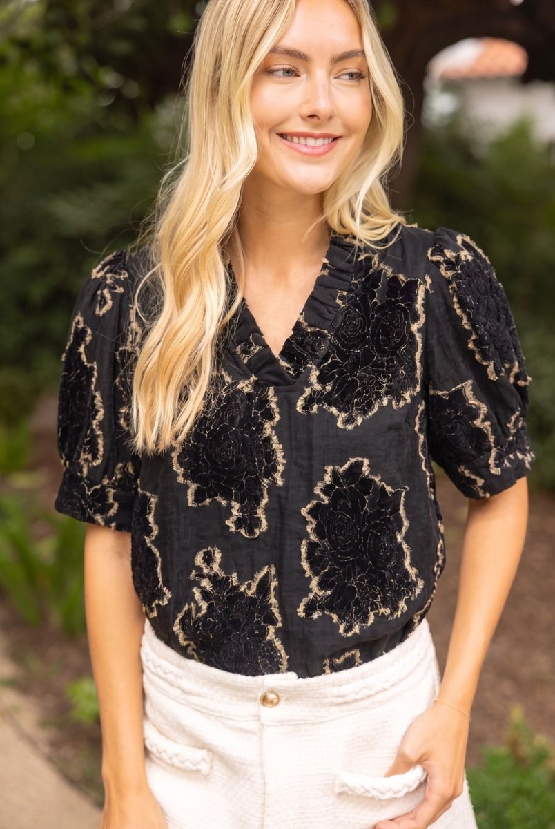 Ruffle Vneck Vintage Burnout Velvet Top Black
