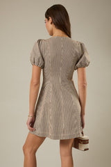 Short Puff Sleeve Zip Front Striped Denim Mini Dress Brown + White