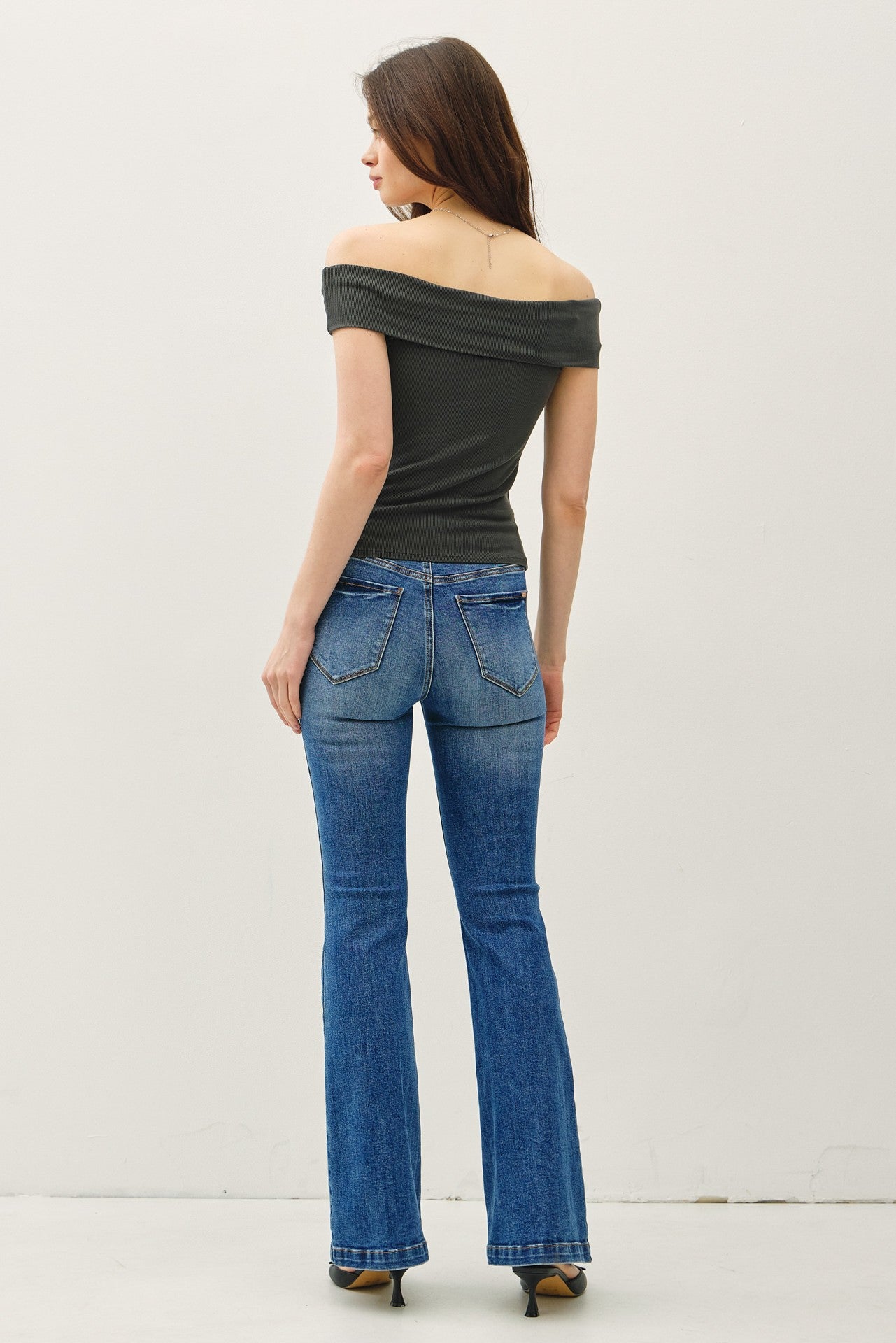 Ribbed Off Shoulder Top Charcoal