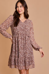 Printed Tie Neck Long Sleeve Dress Mocha